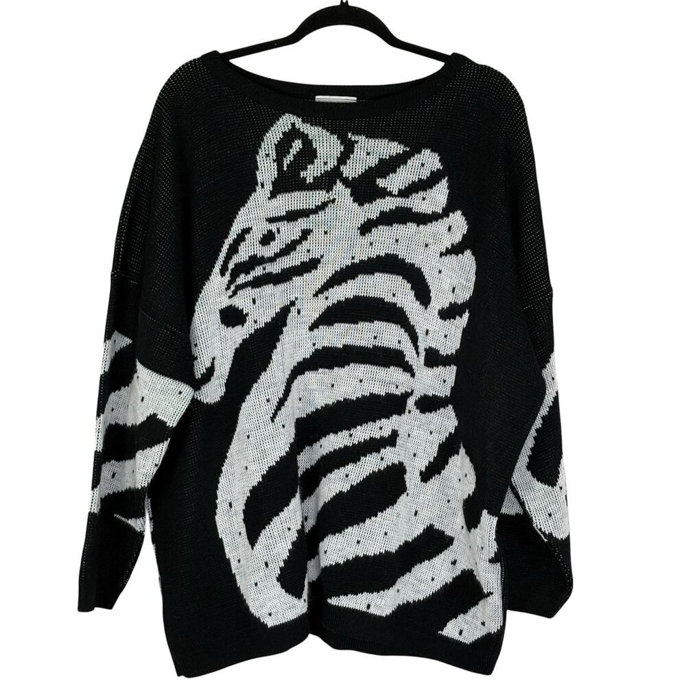 Vintage 80s Turtle Bay Zebra Graphic Sweater Safari Zoo Black White Size XXL